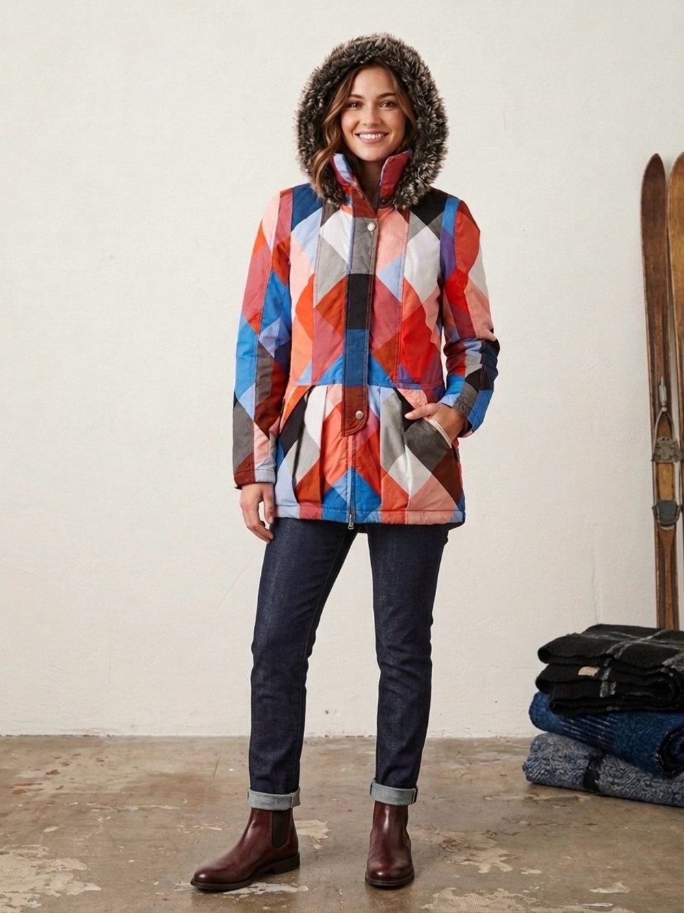 Midii Geometric Multi-Color Hooded Parka Jacket Faux Fur Trim Blue Orange Size M - Picture 3 of 16